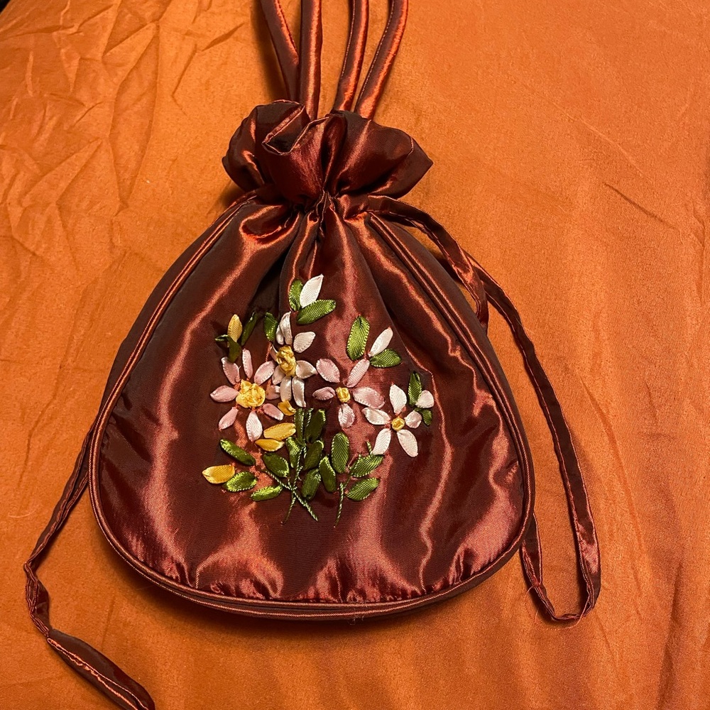 Embroidered Floral Satin Drawstring Bag - Brown Wristlet